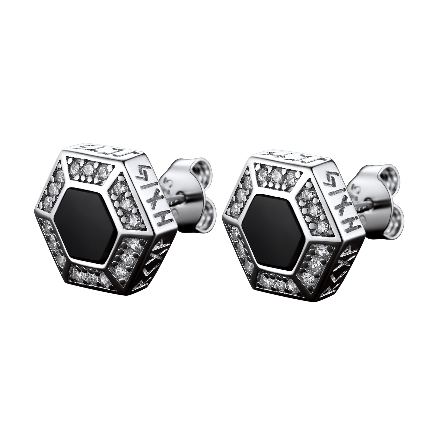 Viking Rune Hexagon Black Onyx Stud Earrings for Men