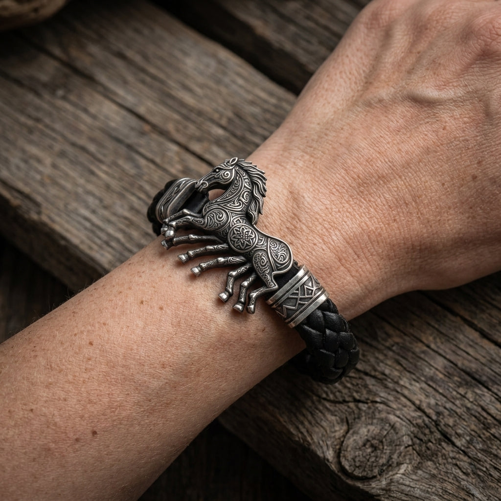 Viking Sleipnir Horse Braided Leather Bracelet