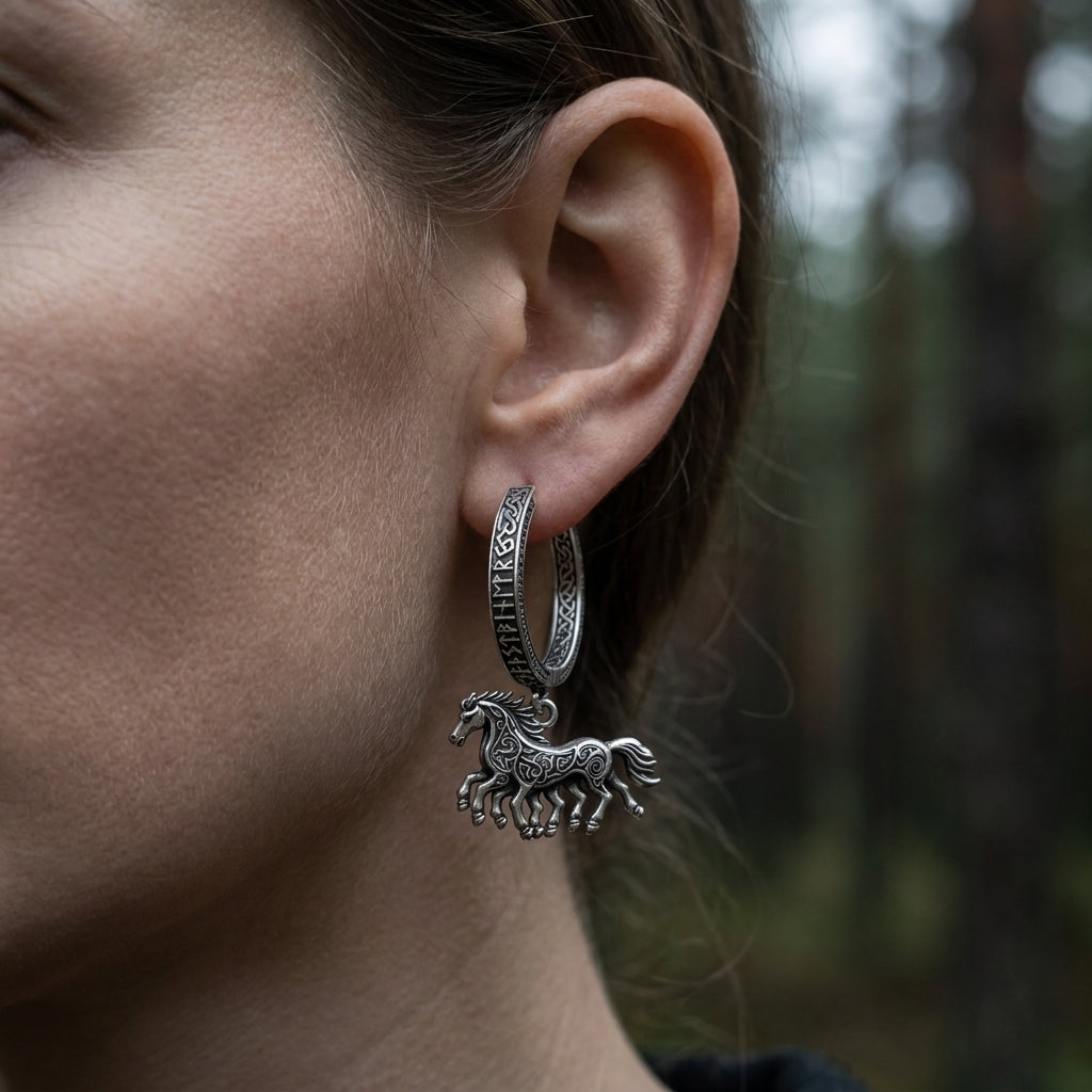 Viking Sleipnir Horse Dangle Hoop Earrings