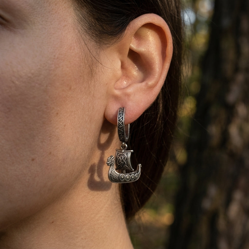Viking Longship Drakkar Hoop Earrings