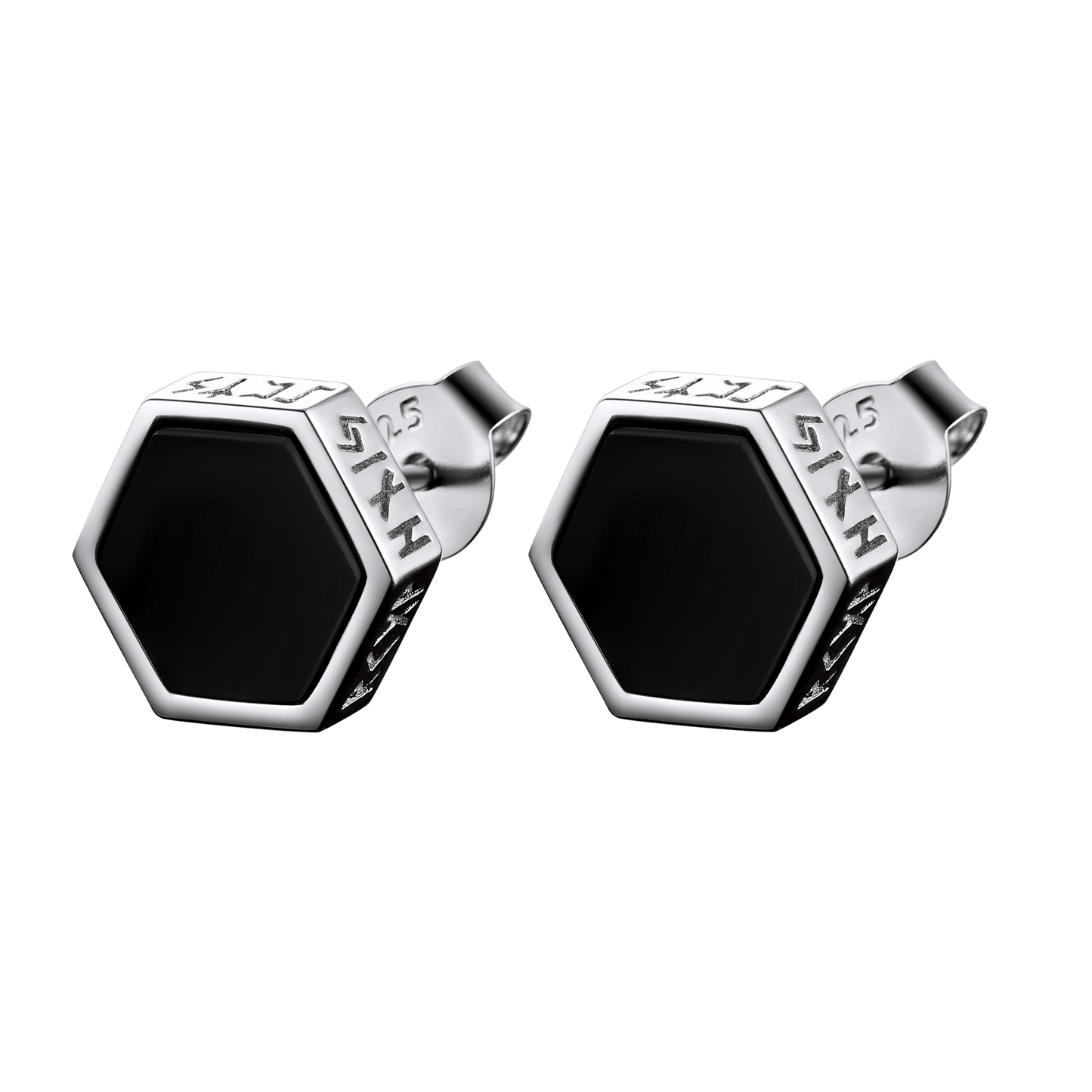 Hexagon Viking Rune Black Onyx Stud Earrings for Men