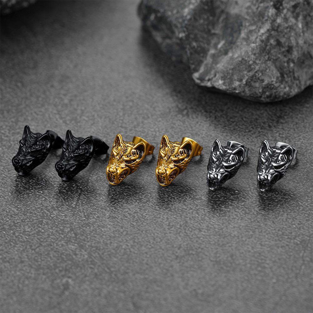 Viking Wolf Stud Earrings For Men
