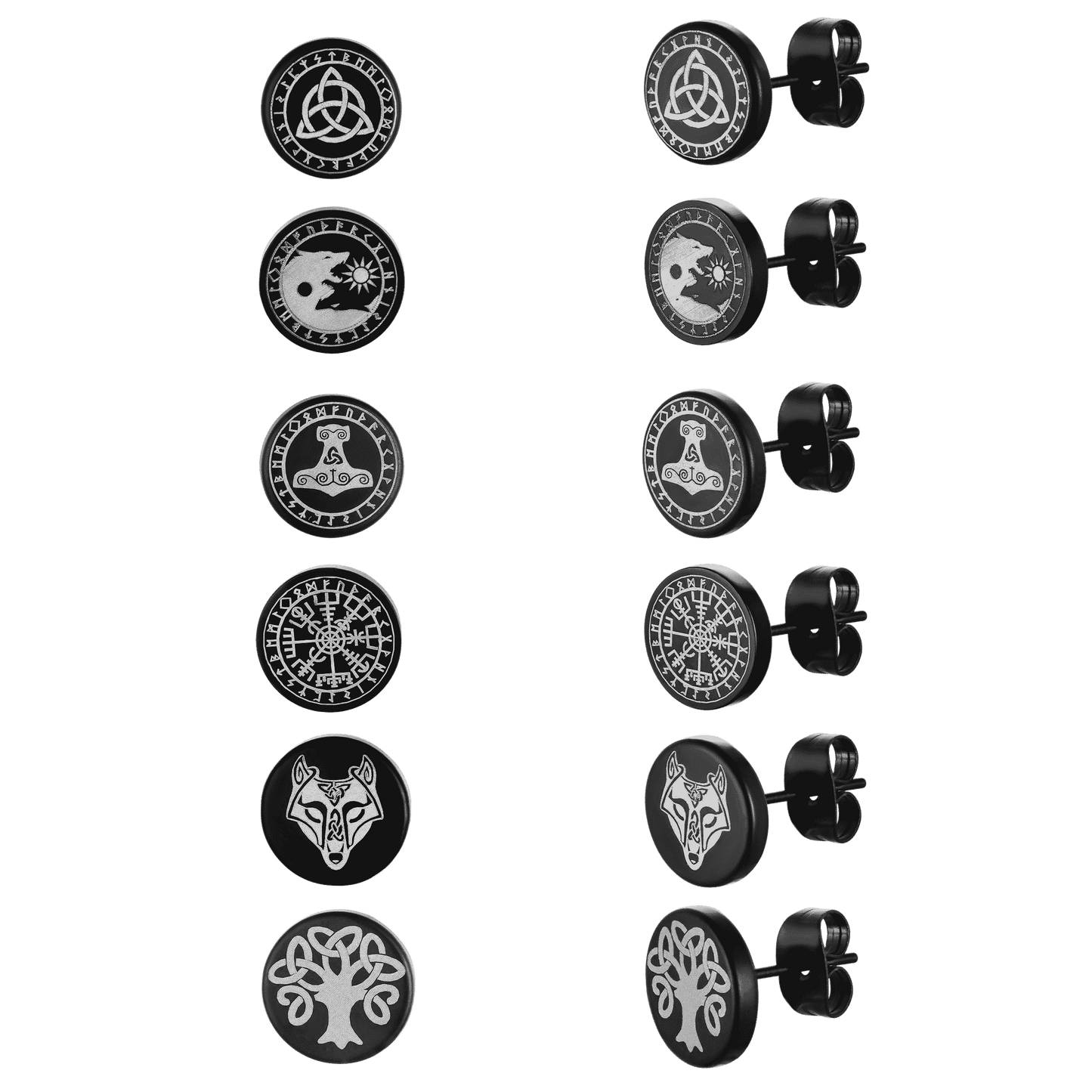 Viking Black Stud Earrings Set For Men 6 Pairs
