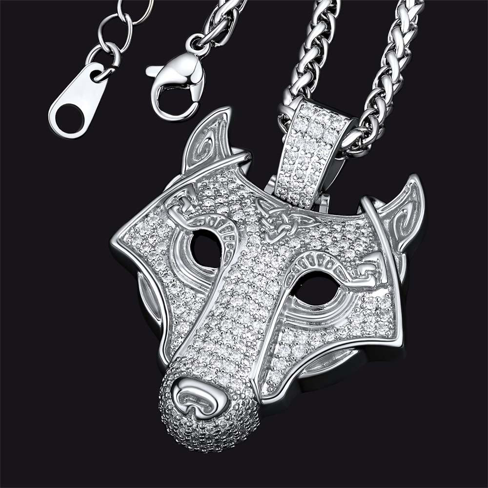 Hip Hop Viking Wolf Head Fenrir Necklace with Cubic Zirconia