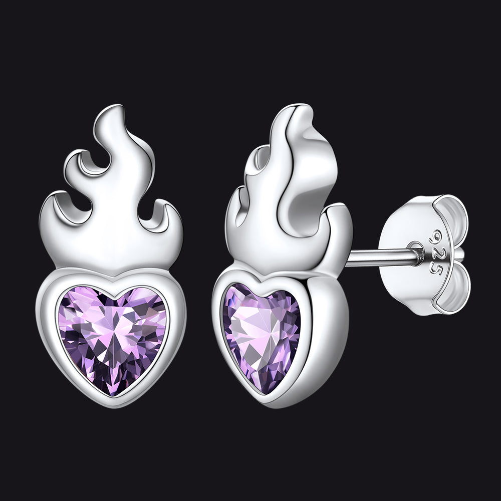 Sterling Silver Sacred Heart Flame Birthstone Earrings