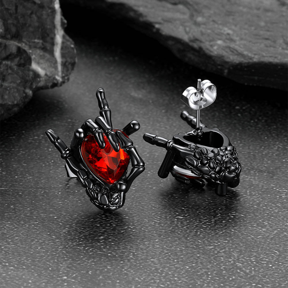 Black Skeleton Rock Hand Heart Ruby Stud Earrings for Men