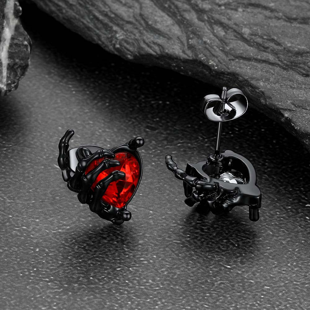 Gothic Black Ruby Heart Skull Hand Stud Earrings for Men
