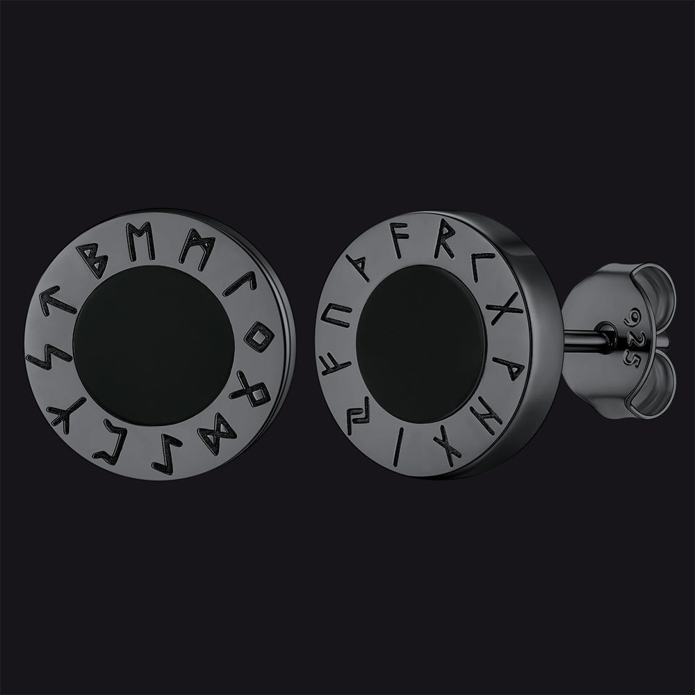 Black Onyx Stud Earrings With Viking Runes in Sterling Silver