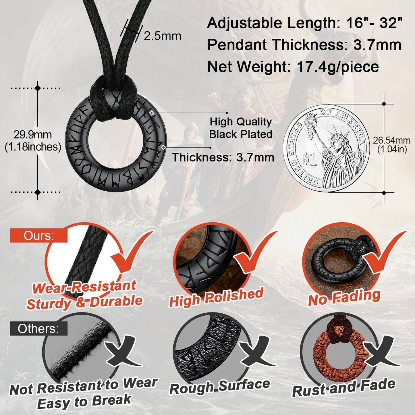 Norse Viking Rune Hoop Earrings & Circle Leather Necklace Set For Men