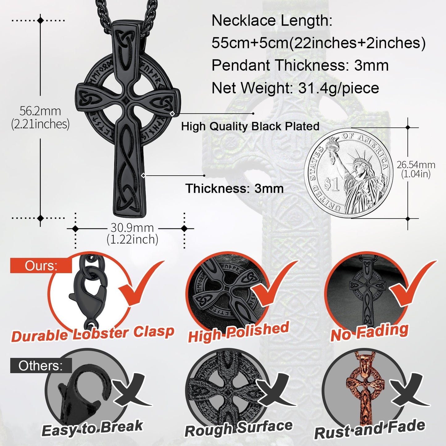 Irish Celtic Cross Pendant Necklace with Viking Runes for Men