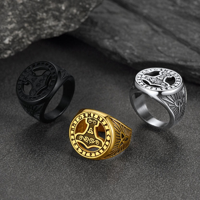 Viking Thor's Hammer Ring with Runes for Men