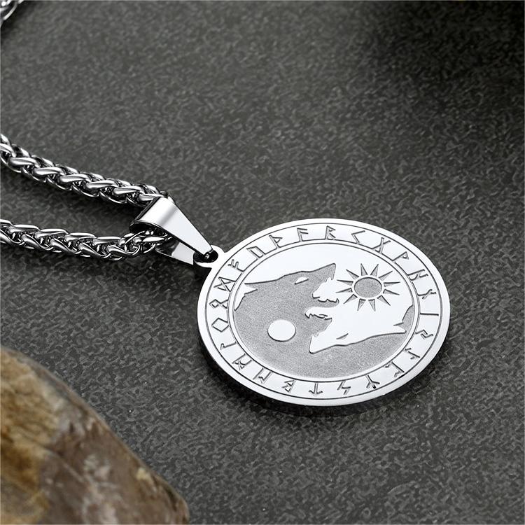 Viking Wolf Coin Necklace For Men With Runes