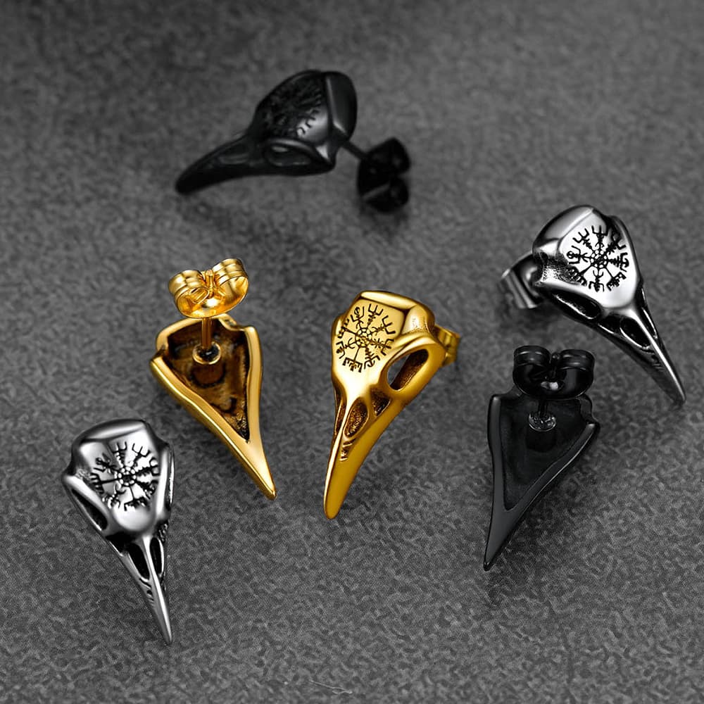 Viking Raven Skull Stud Earrings With Viking Vegvisir For Men Women