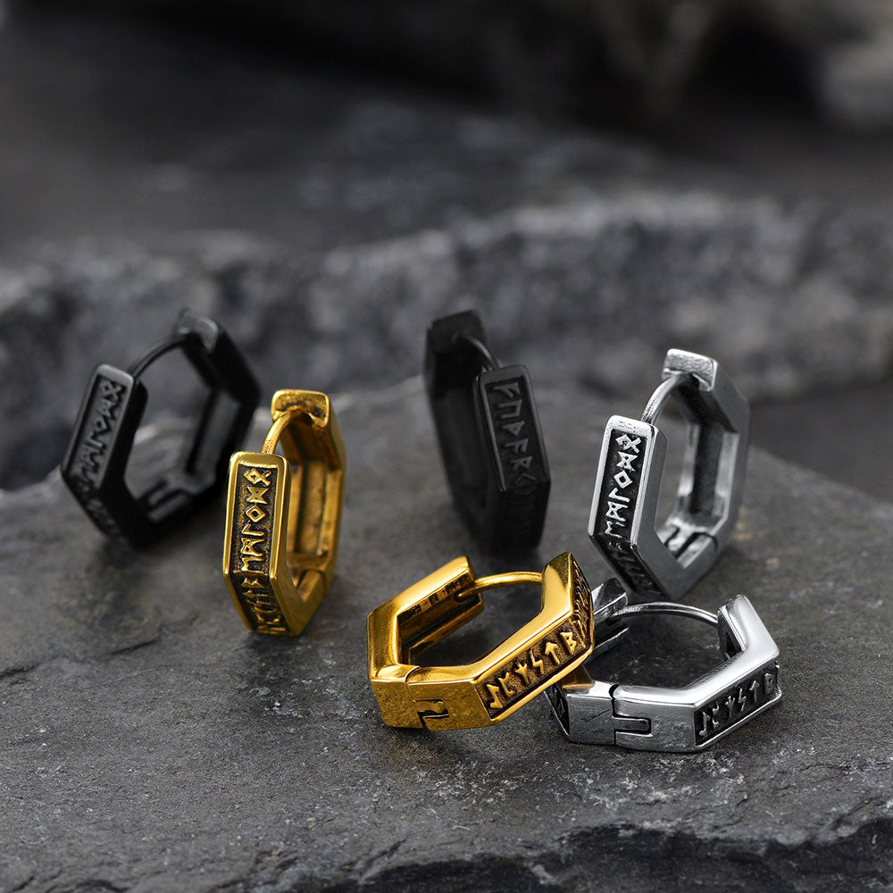 Viking Hexagon Runes Hoop Earrings For Men