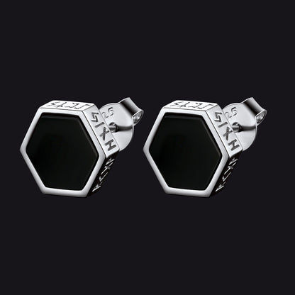 Hexagon Viking Rune Black Onyx Stud Earrings for Men