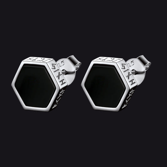 Hexagon Viking Rune Black Onyx Stud Earrings for Men