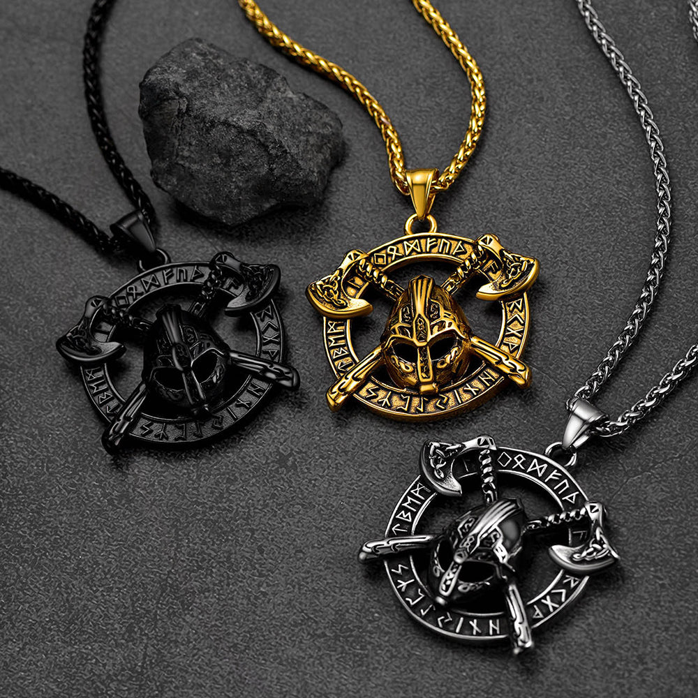 Viking Axe Helmet Pendant Necklace For Men With Runes