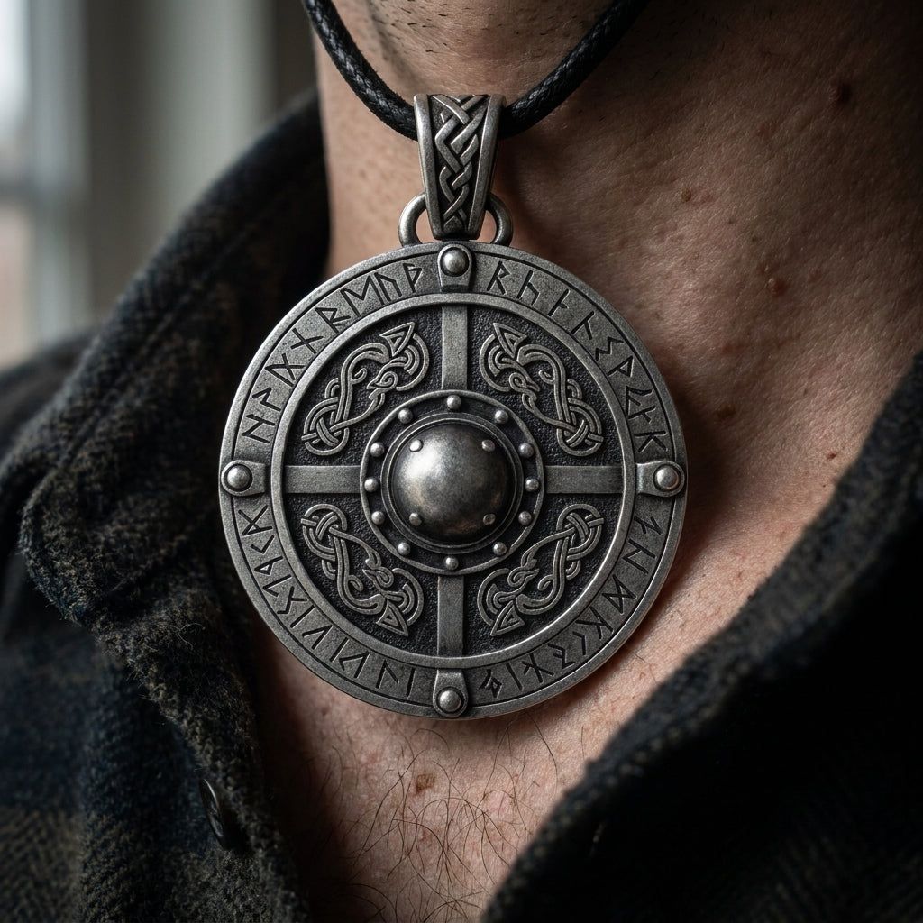 Viking Shield Pendant Necklace with Runes