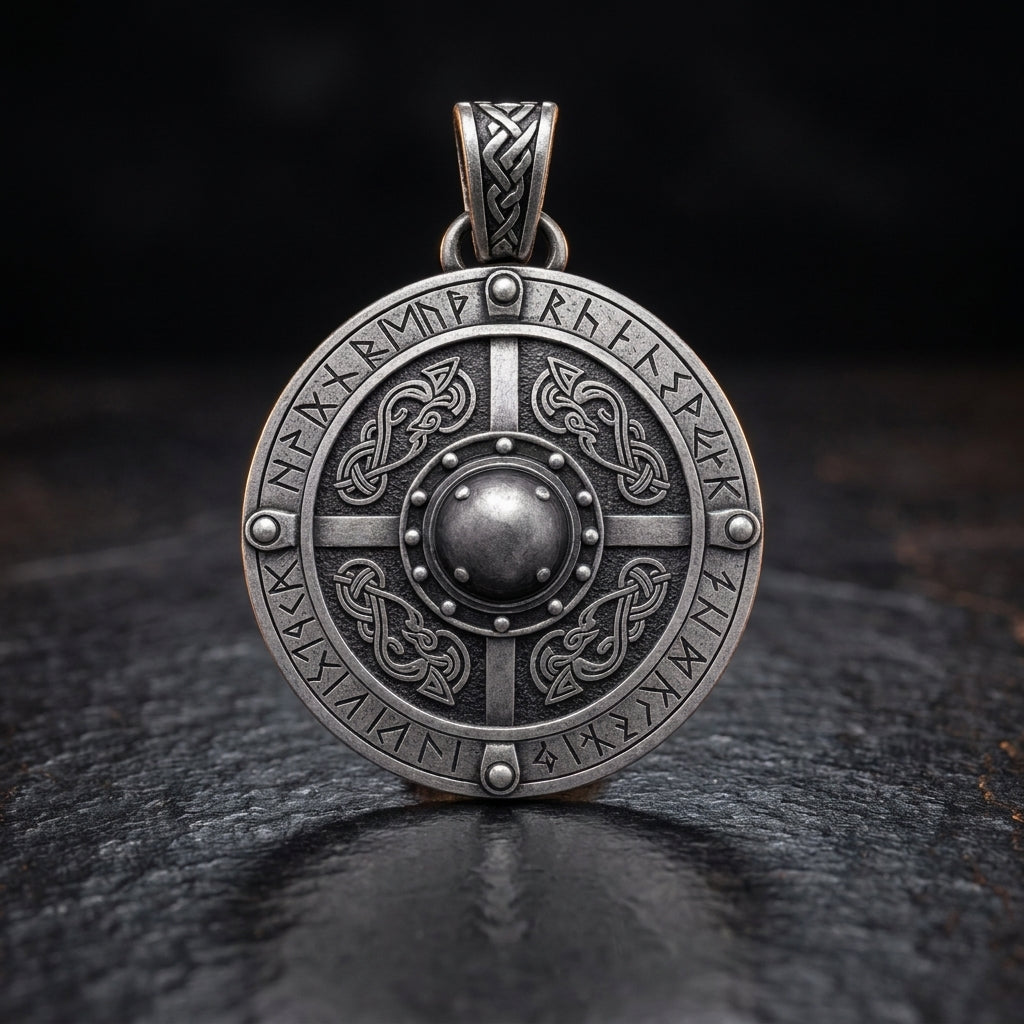Viking Shield Pendant Necklace with Runes