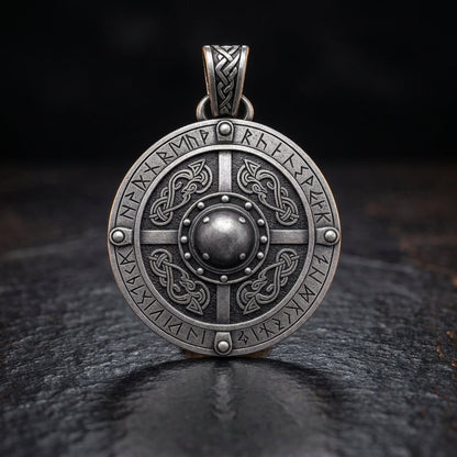 Viking Shield Pendant Necklace with Runes
