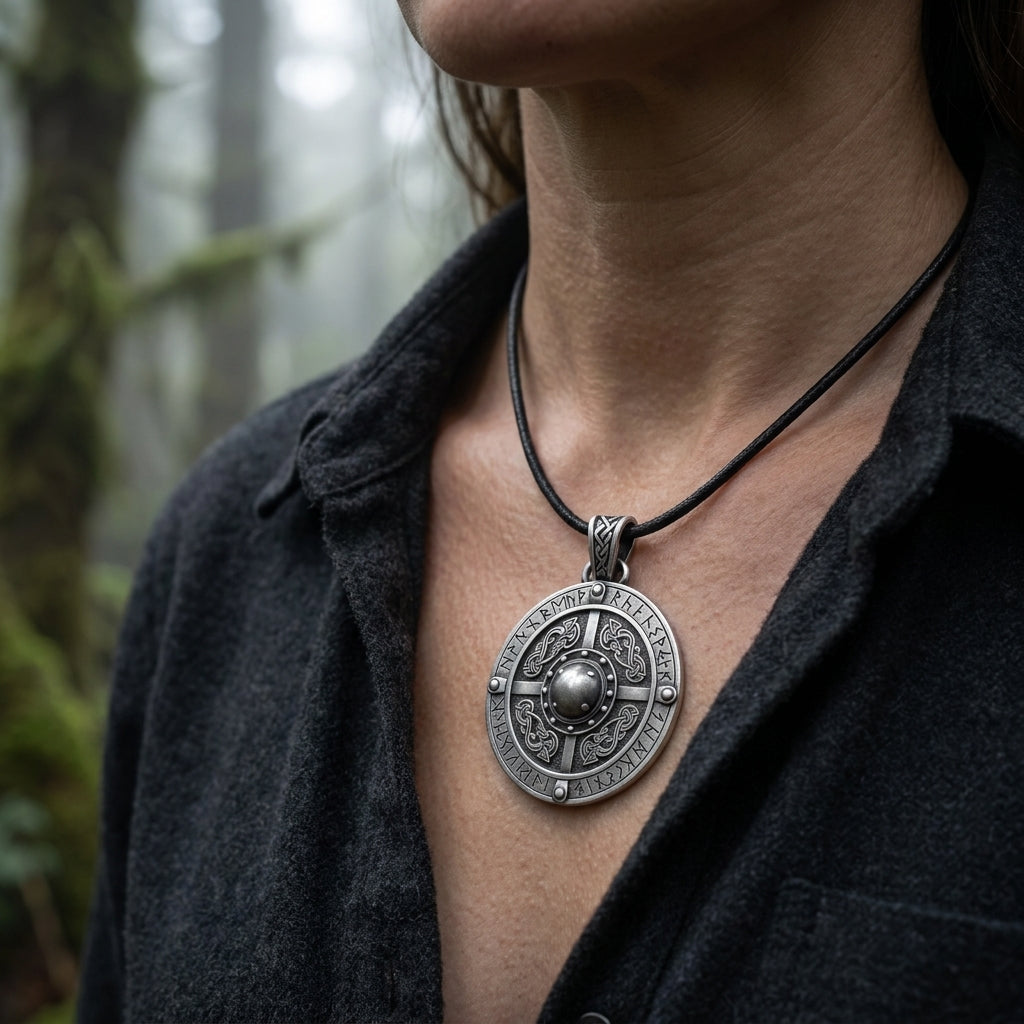 Viking Shield Pendant Necklace with Runes