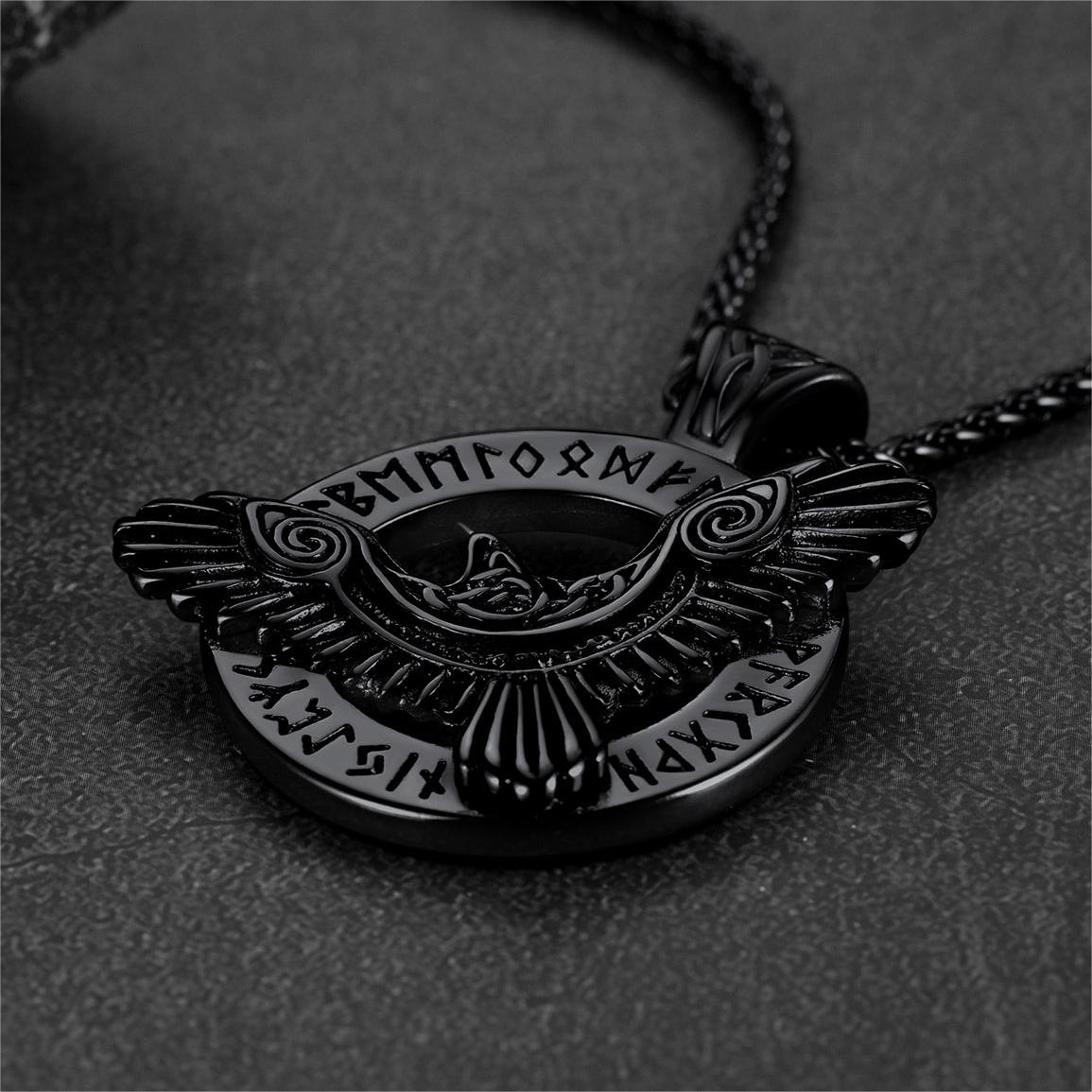 Viking Odin's Raven Necklace For Men With Runes