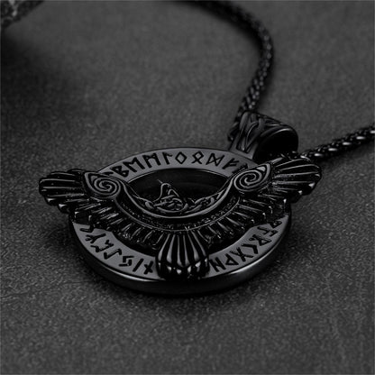 Viking Odin's Raven Necklace For Men With Runes