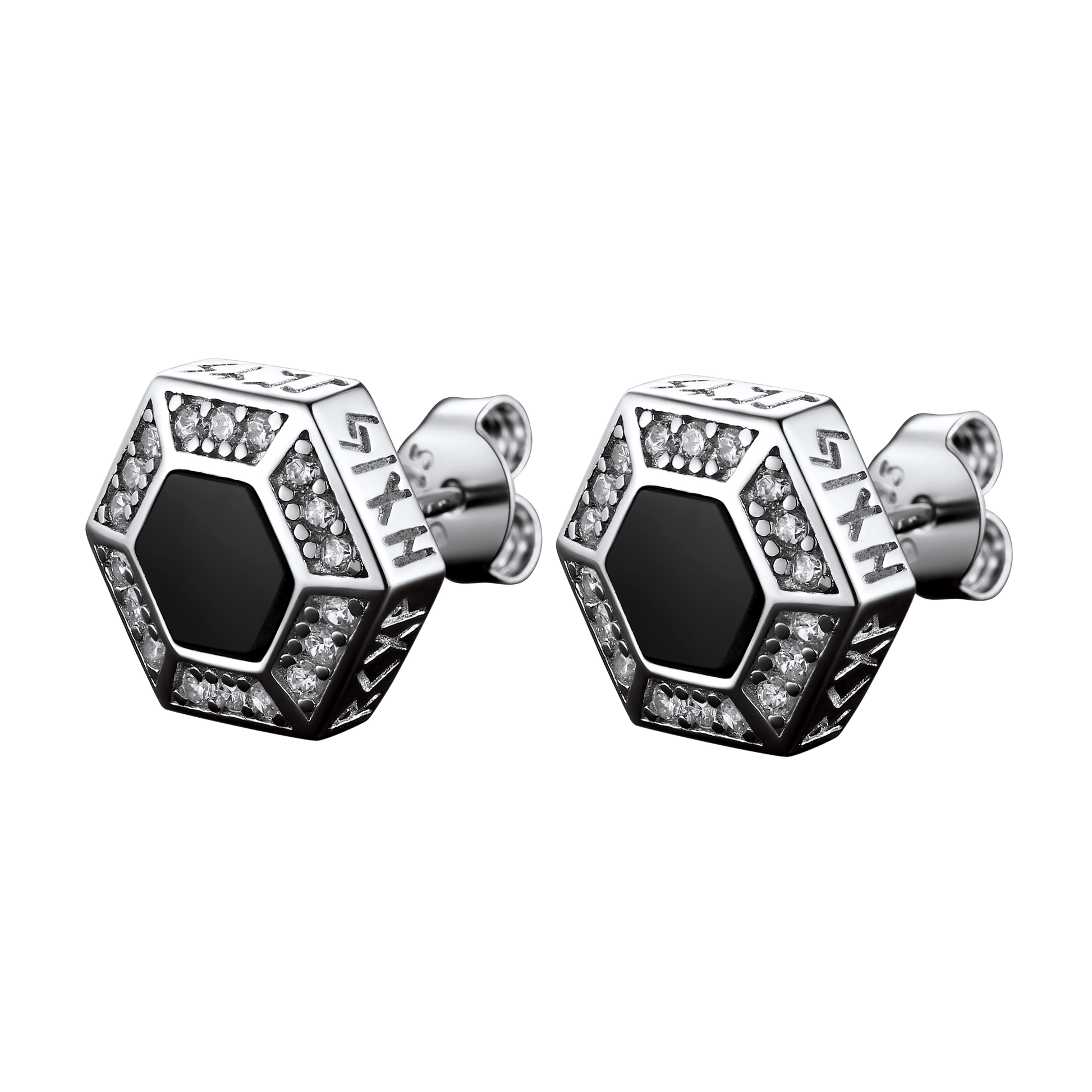 Viking Rune Hexagon Black Onyx Stud Earrings for Men
