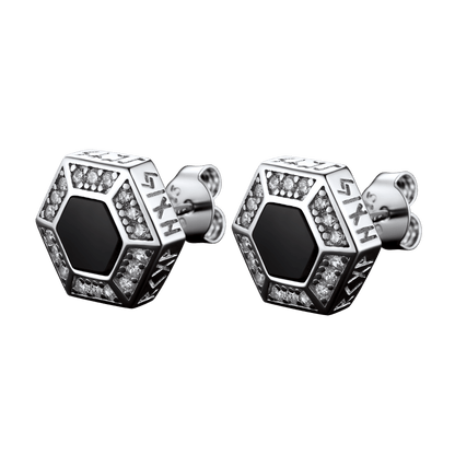 Viking Rune Hexagon Black Onyx Stud Earrings for Men