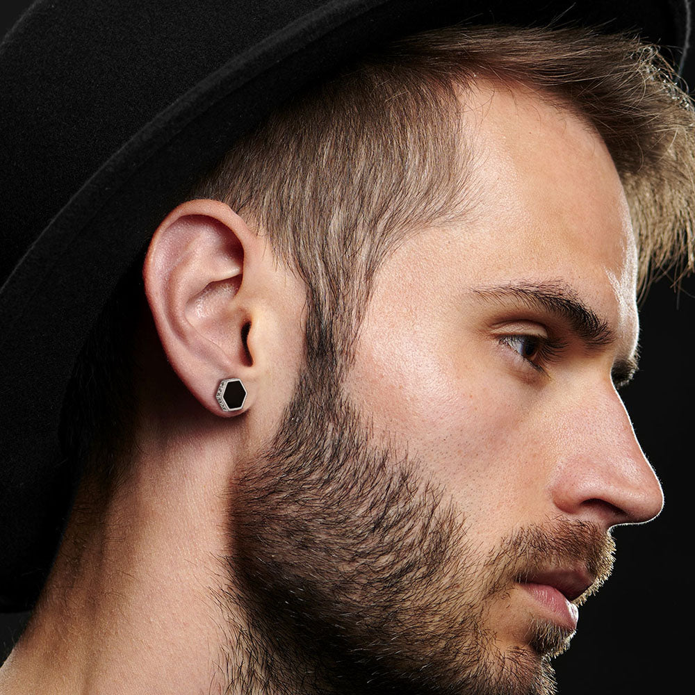 Hexagon Viking Rune Black Onyx Stud Earrings for Men
