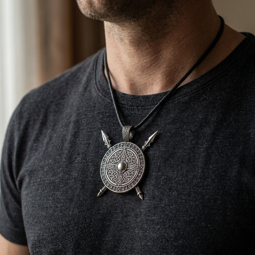 Viking Crossed Spear & Shield Pendant Necklace
