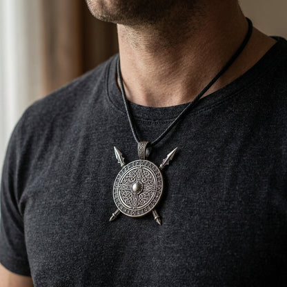 Viking Crossed Spear & Shield Pendant Necklace