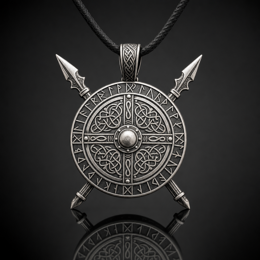 Viking Crossed Spear & Shield Pendant Necklace
