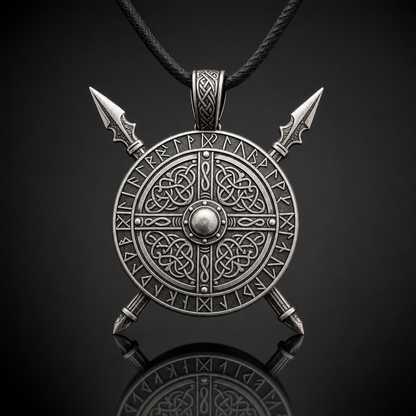 Viking Crossed Spear & Shield Pendant Necklace