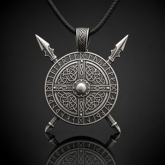 Viking Crossed Spear & Shield Pendant Necklace