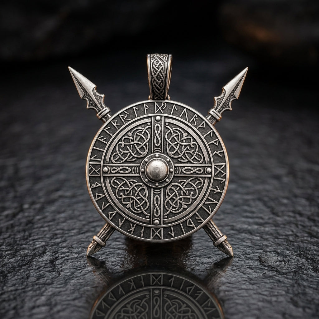 Viking Crossed Spear & Shield Pendant Necklace