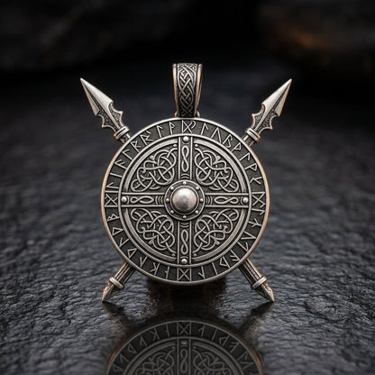 Viking Crossed Spear & Shield Pendant Necklace