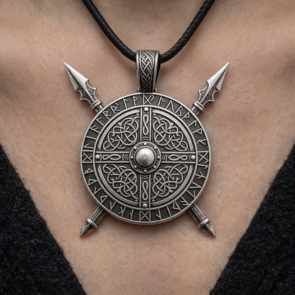 Viking Crossed Spear & Shield Pendant Necklace