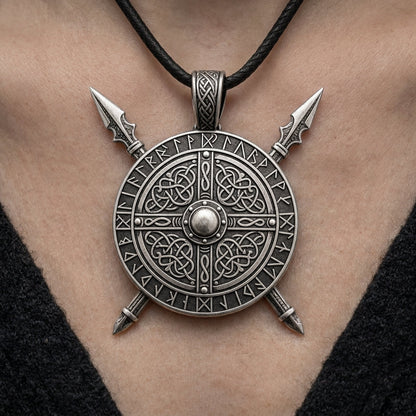 Viking Crossed Spear & Shield Pendant Necklace