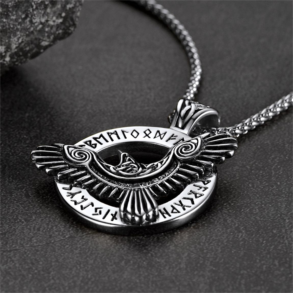 Viking Odin's Raven Necklace For Men With Runes