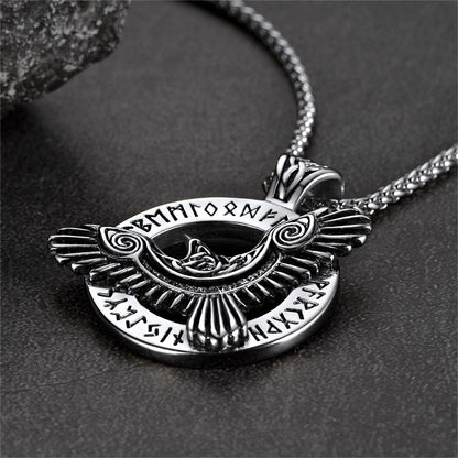 Viking Odin's Raven Necklace For Men With Runes