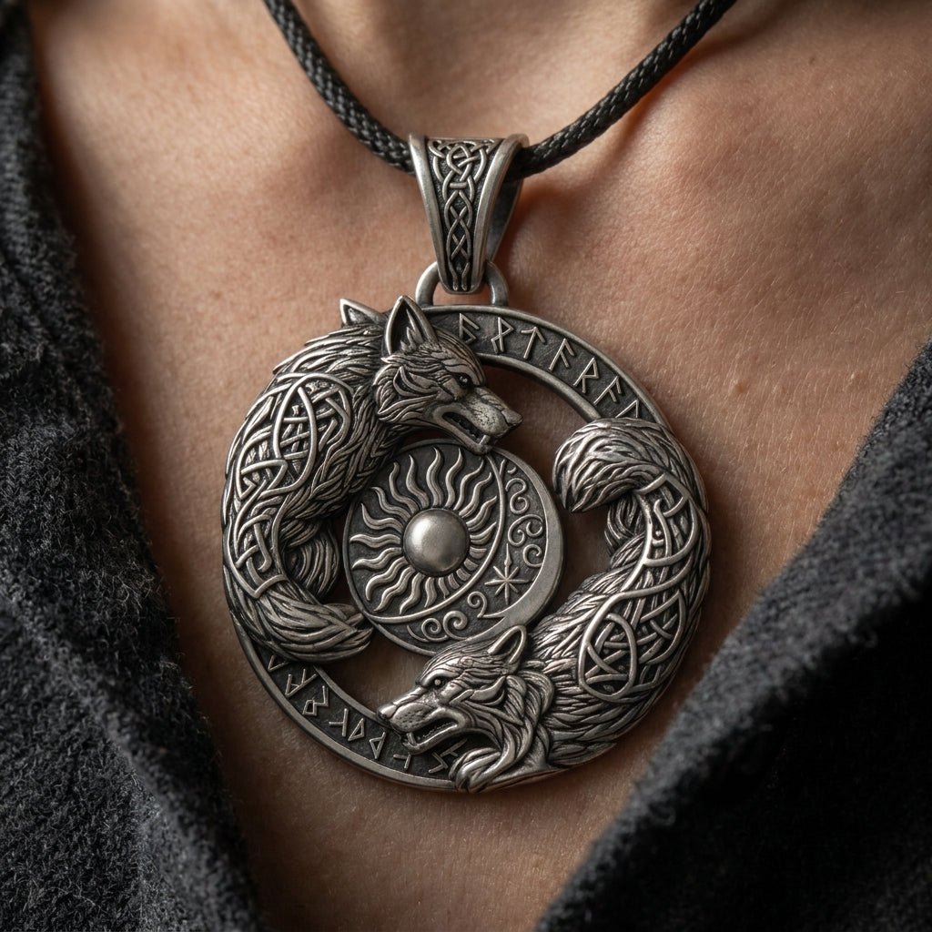 Skoll and Hati Sun-and-Moon Wolves Pendant Necklace