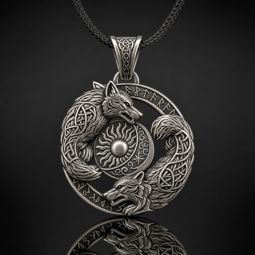 Skoll and Hati Sun-and-Moon Wolves Pendant Necklace