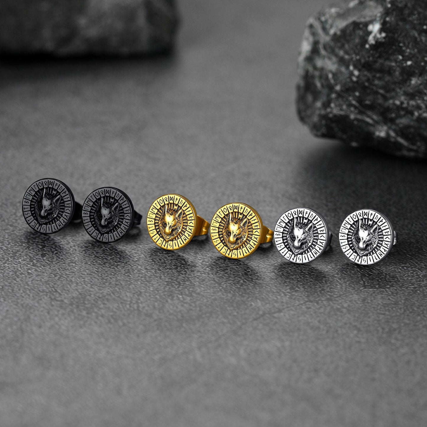 Viking Wolf Head Stud Earrings with Runes For Men