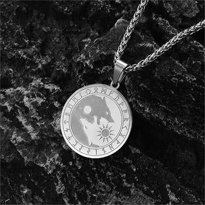 Viking Wolf Coin Necklace For Men With Runes