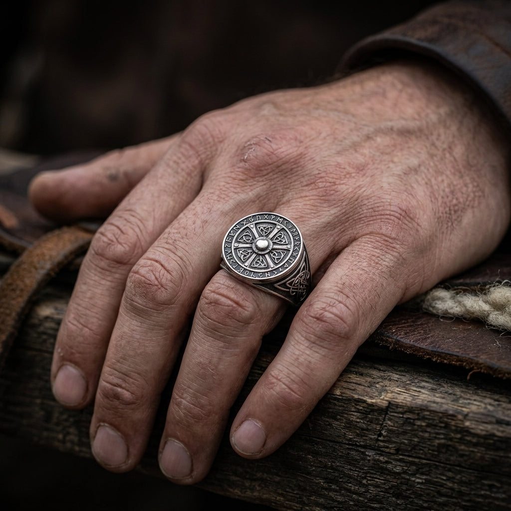 Viking Shield Signet Ring with Runes