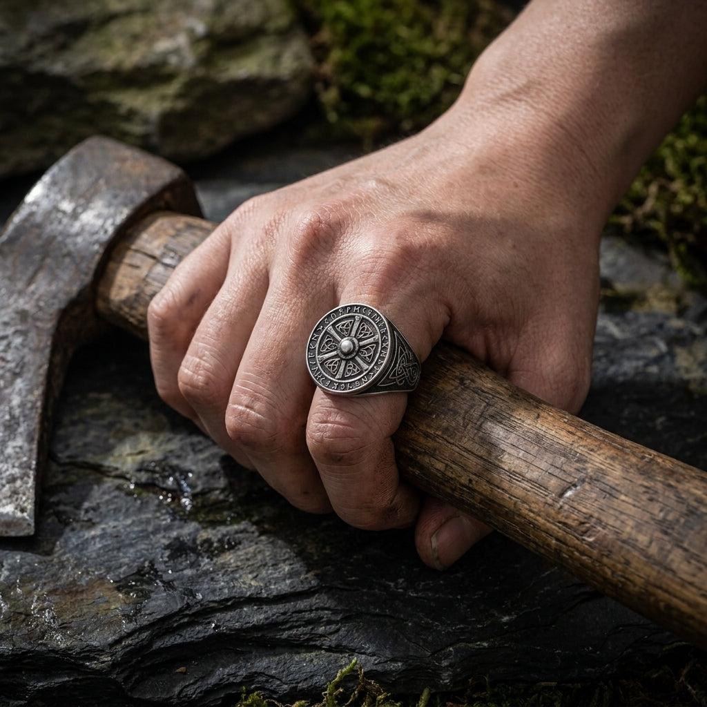 Viking Shield Signet Ring with Runes