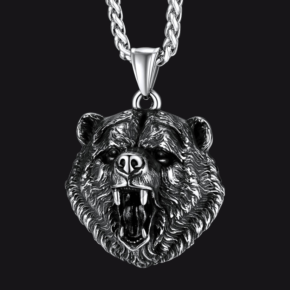 Wild Roaring Bear Head Pendant Necklace for Men