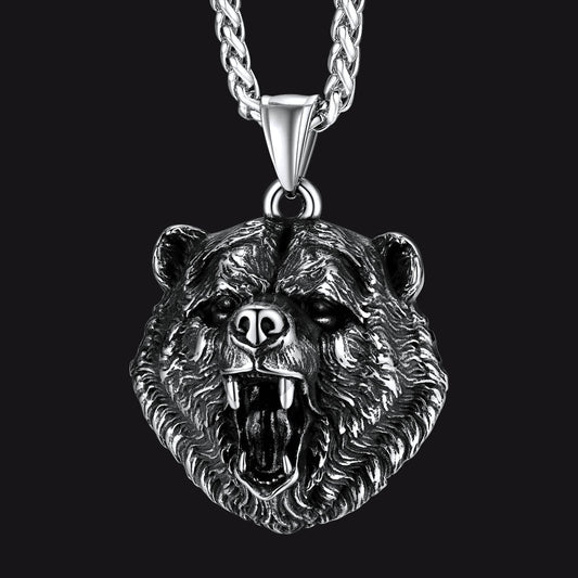 Wild Roaring Bear Head Pendant Necklace for Men