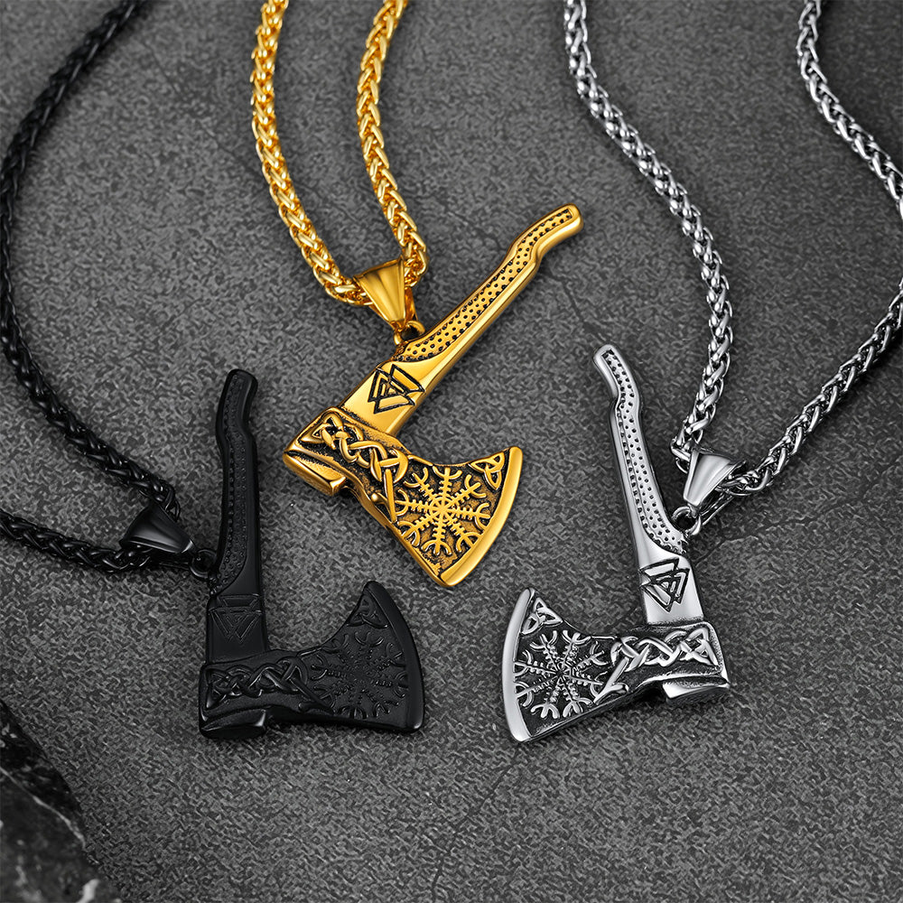 Norse Viking Axe Necklace With Compass For Men